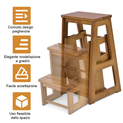 Scala Pieghevole, Scala Pieghevole Pino Multiuso, Sgabello Scaletta a 3 Gradini, Portata 130kg, Naturale, Costway, 6