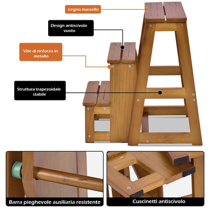 Scala Pieghevole, Scala Pieghevole Pino Multiuso, Sgabello Scaletta a 3 Gradini, Portata 130kg, Naturale, Costway, 7