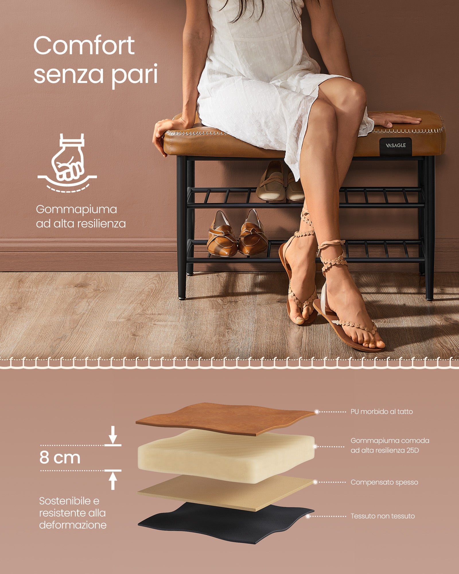 Scarpiera, Scarpiera salvaspazio, Scarpiera ingresso, Panca scarpiera, Rivestimento in PU, Vasagle, 5