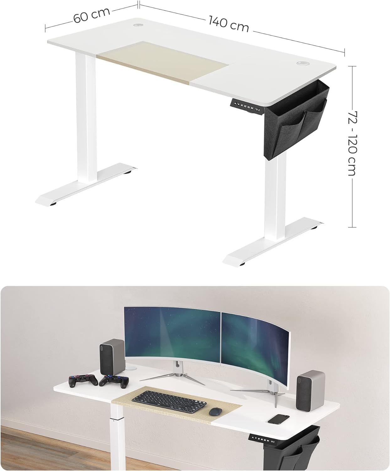 Scrivania Elettrica Regolabile in Altezza, 60 x 140 x (72-120) cm, Regolazione Continua, Bianco Semplice e Beige, SONGMICS, 3