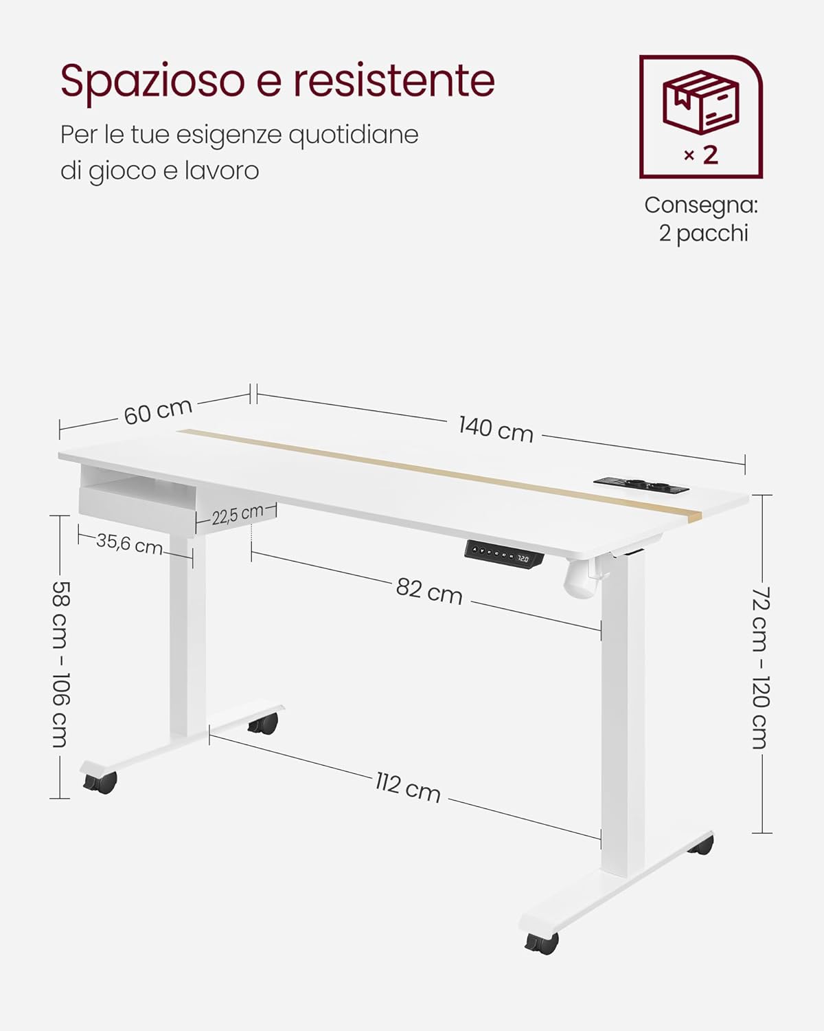 Scrivania Regolabile in Altezza, Scrivania Elettrica, Piano del Tavolo 60 x 140 cm, Funzione di Memoria, Bianco, VASAGLE, 3