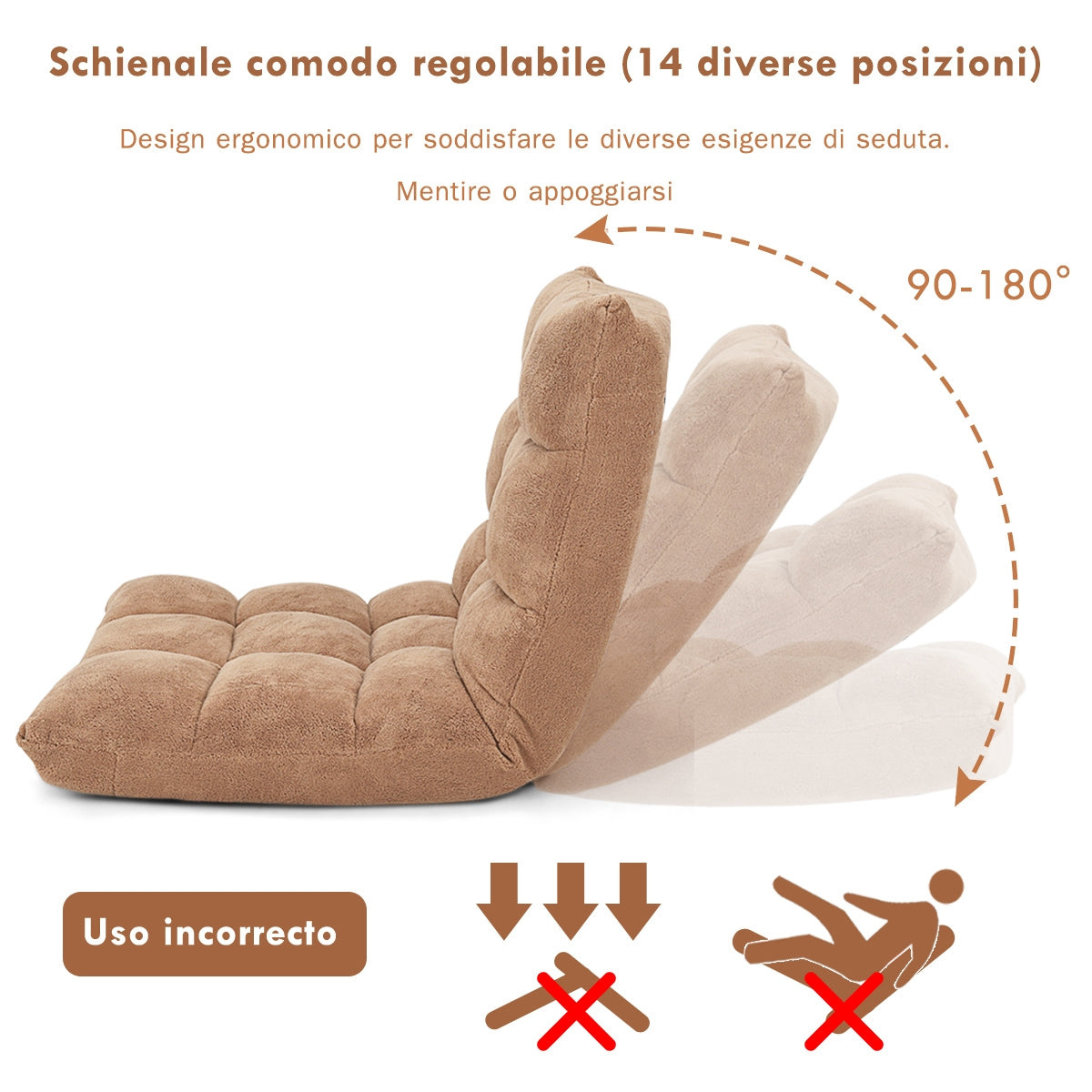 Sedia Imbottita da Pavimento, Poltrona da Terra regolabile, Sedia Reclinabile, Sedia da Terra, Beige, Costway, 4