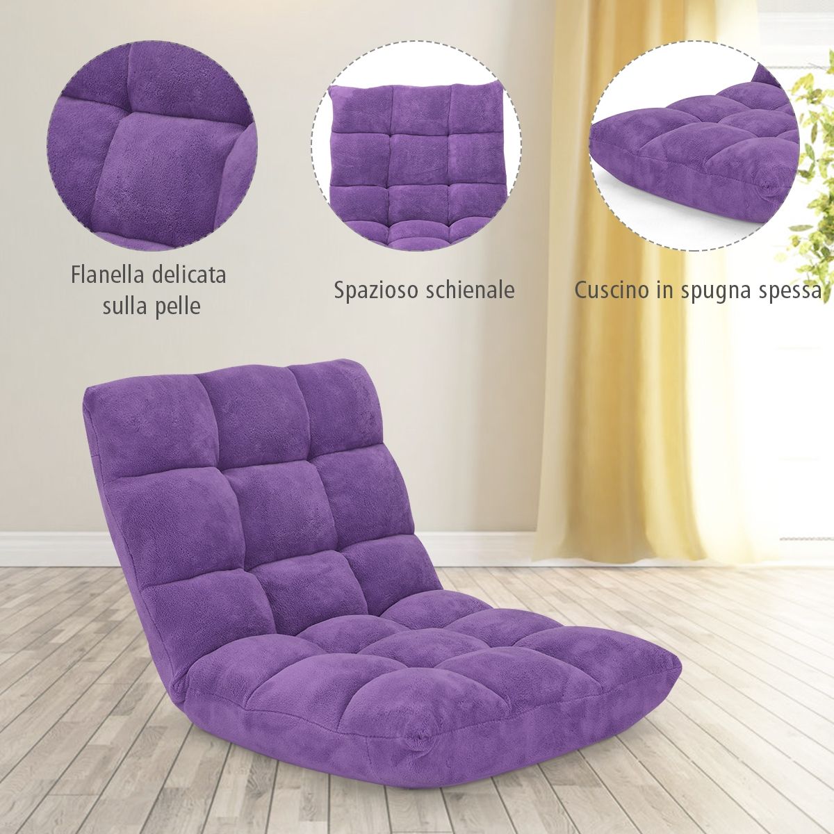 Sedia Imbottita da Pavimento, Poltrona da Terra regolabile, Sedia Reclinabile, Sedia da Terra, Viola, Costway, 5