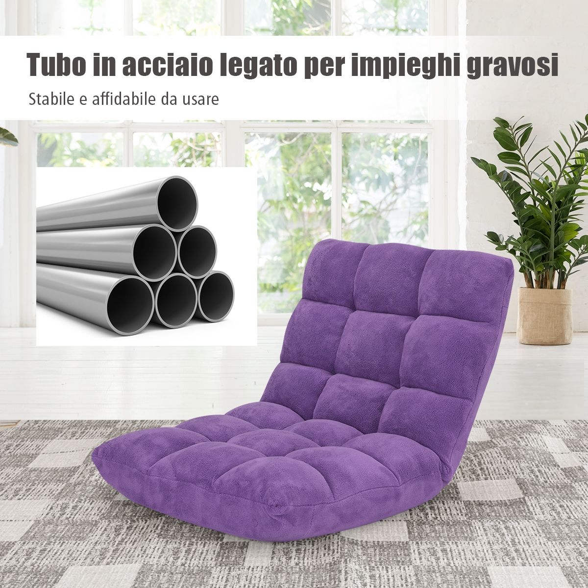 Sedia Imbottita da Pavimento, Poltrona da Terra regolabile, Sedia Reclinabile, Sedia da Terra, Viola, Costway, 6