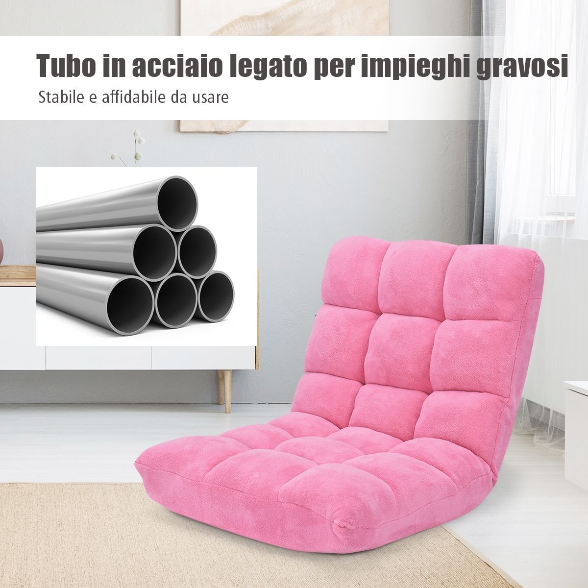 Sedia Imbottita da Pavimento, Poltrona da Terra regolabile, Sedia Reclinabile, Sedia da Terra, Rosa, Costway, 8