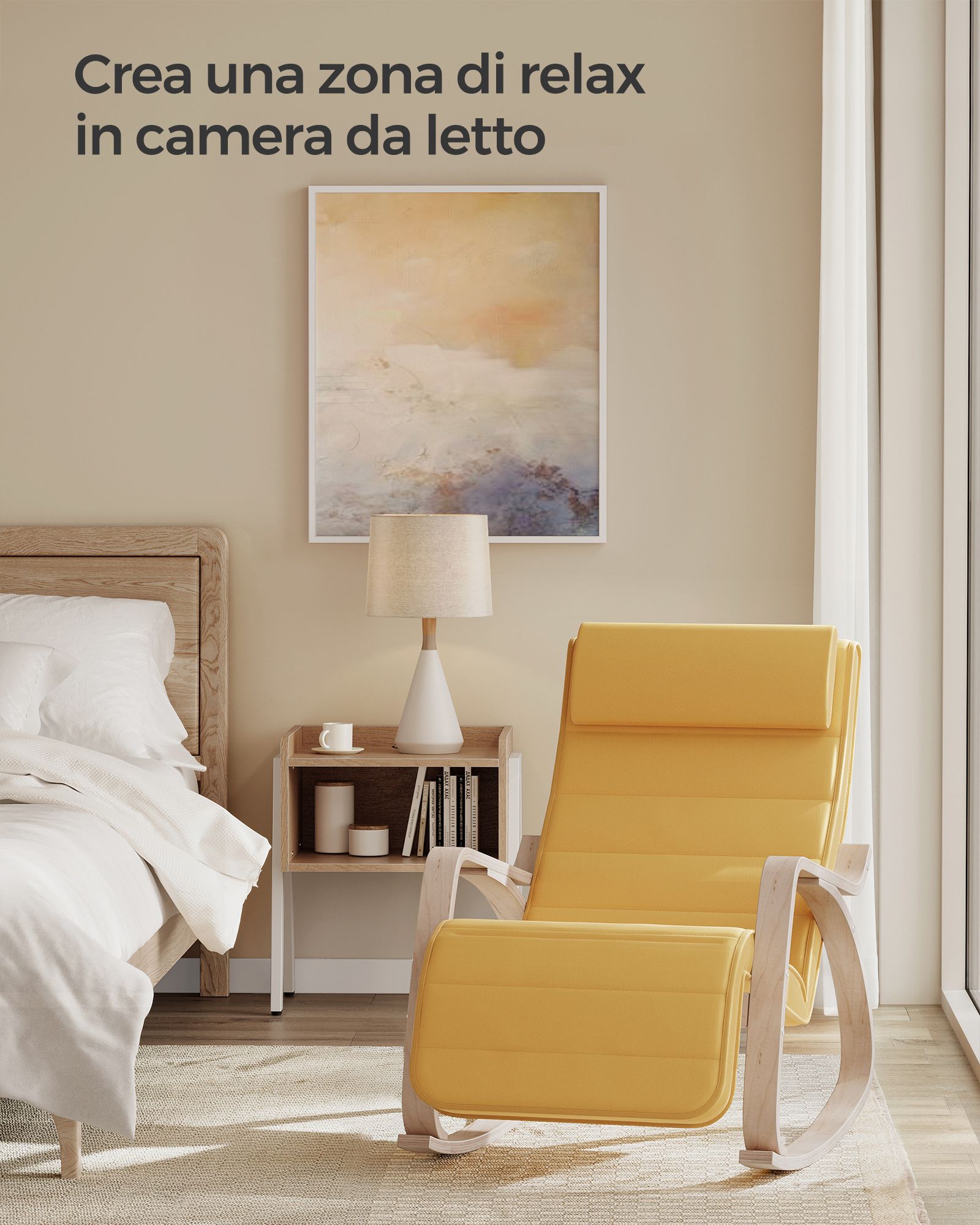 Sedia a dondolo, braccioli in legno, Poggiapiedi regolabile, Portata 150 kg, Giallo Pastello Naturale, Songmics, 1