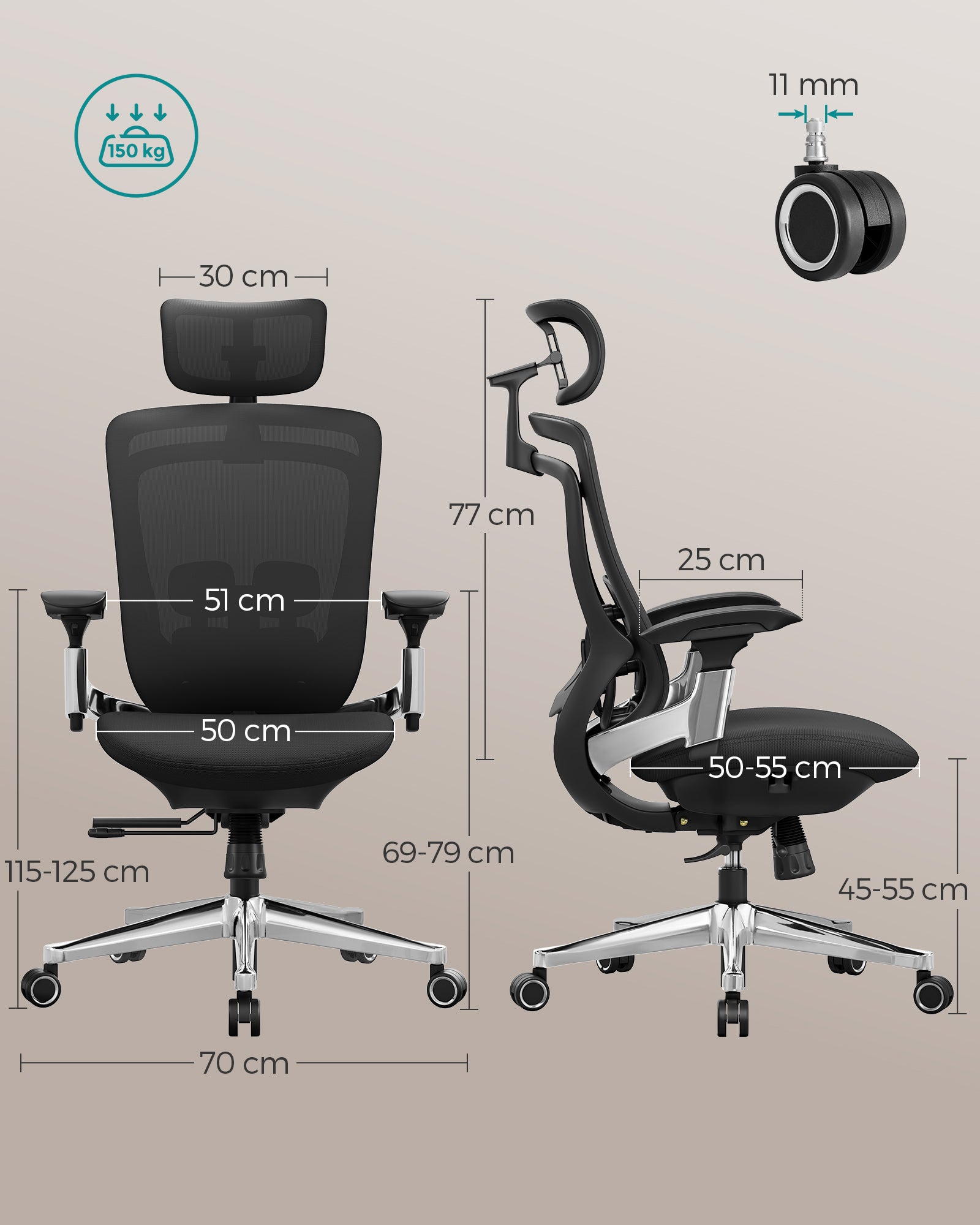 Sedia da ufficio, Sedia da ufficio ergonomica, regolabile, reclinabile, 150 kg, Sedia gaming, Nero inchiostro, Songmics, 4