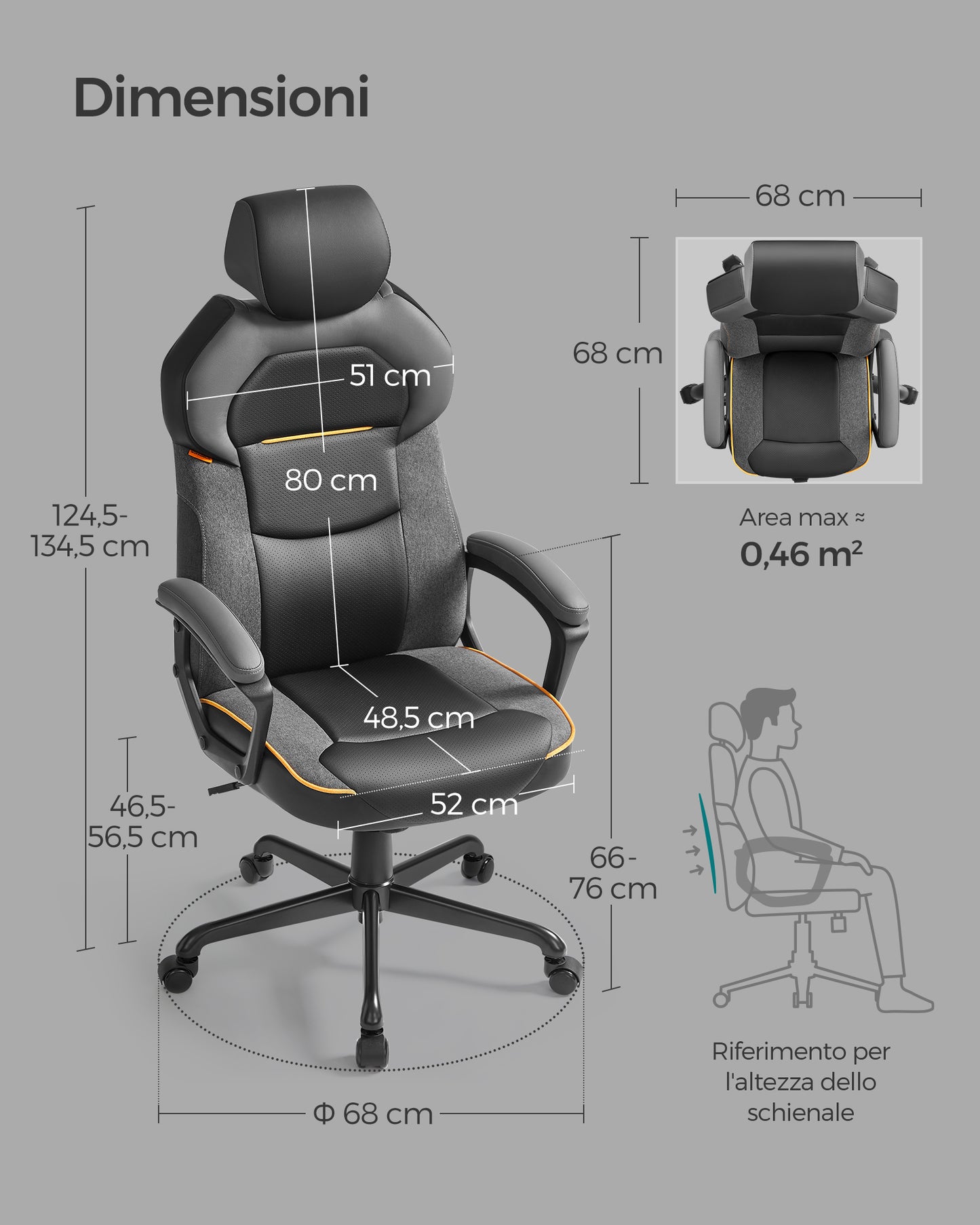 Sedia da ufficio, Sedia ergonomica, Sedia gaming, Cotone e lino, Poggiatesta regolabile, Braccioli imbottiti, Songmics, 6