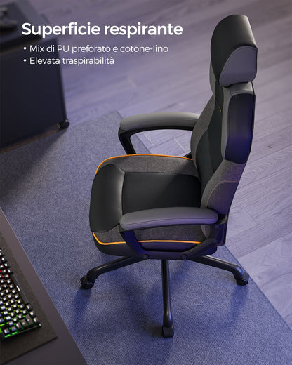 Sedia da ufficio, Sedia ergonomica, Sedia gaming, Cotone e lino, Poggiatesta regolabile, Braccioli imbottiti, Songmics, 2