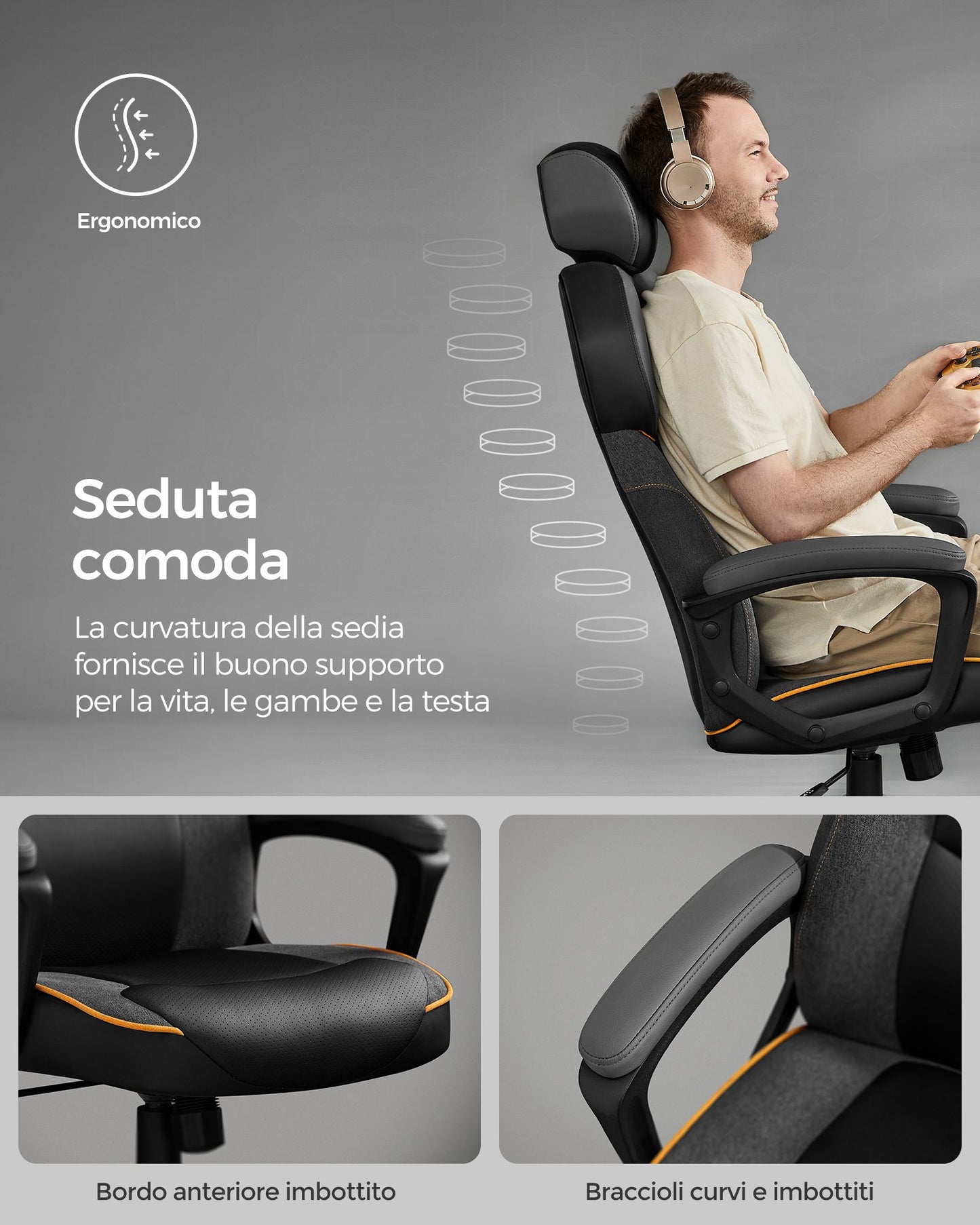 Sedia da ufficio, Sedia ergonomica, Sedia gaming, Cotone e lino, Poggiatesta regolabile, Braccioli imbottiti, Songmics, 3