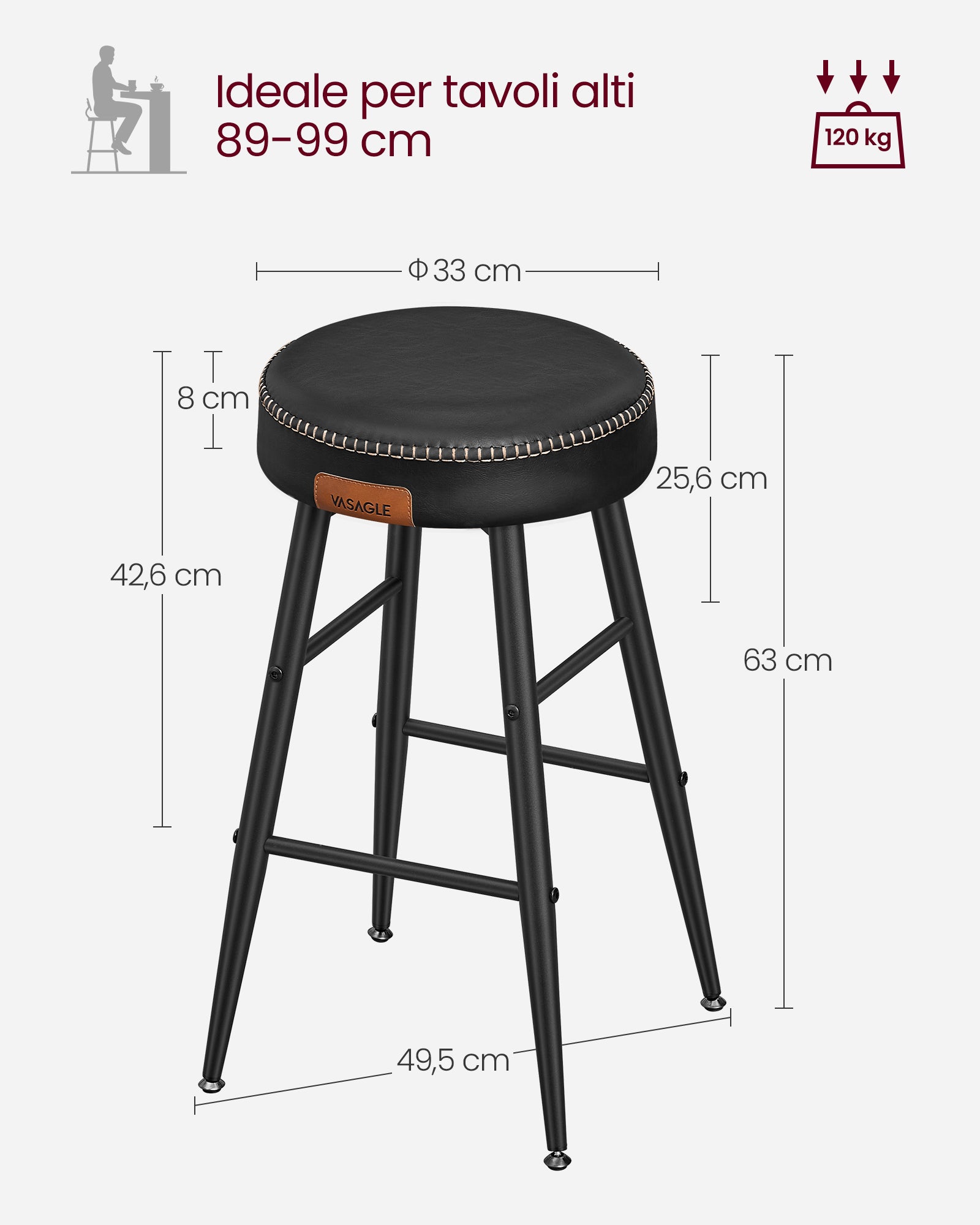 Sedie cucina, Sgabelli cucina, Sedie da bar, Set da 2 sgabelli alti da bar, PU con cucitura, Moderno, Sgabelli, 6