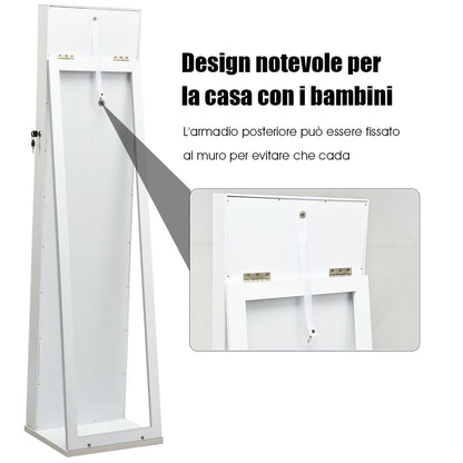 Specchio portagioie, Armadio portagioie  2 in 1 con 30 ganci per collane, Armadietto Portagioie, Bianco, Costway, 10