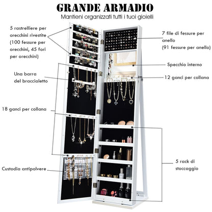 Specchio portagioie, Armadio portagioie  2 in 1 con 30 ganci per collane, Armadietto Portagioie, Bianco, Costway, 11