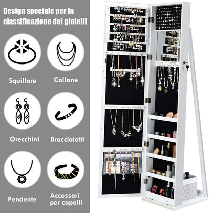 Specchio portagioie, Armadio portagioie  2 in 1 con 30 ganci per collane, Armadietto Portagioie, Bianco, Costway, 9