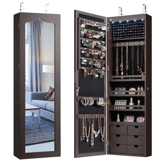 Specchio portagioie, Armadio portagioie, Armadietto Portagioie con 5 luci LED e 6 cassetti in legno, Marrone, Costway, 1