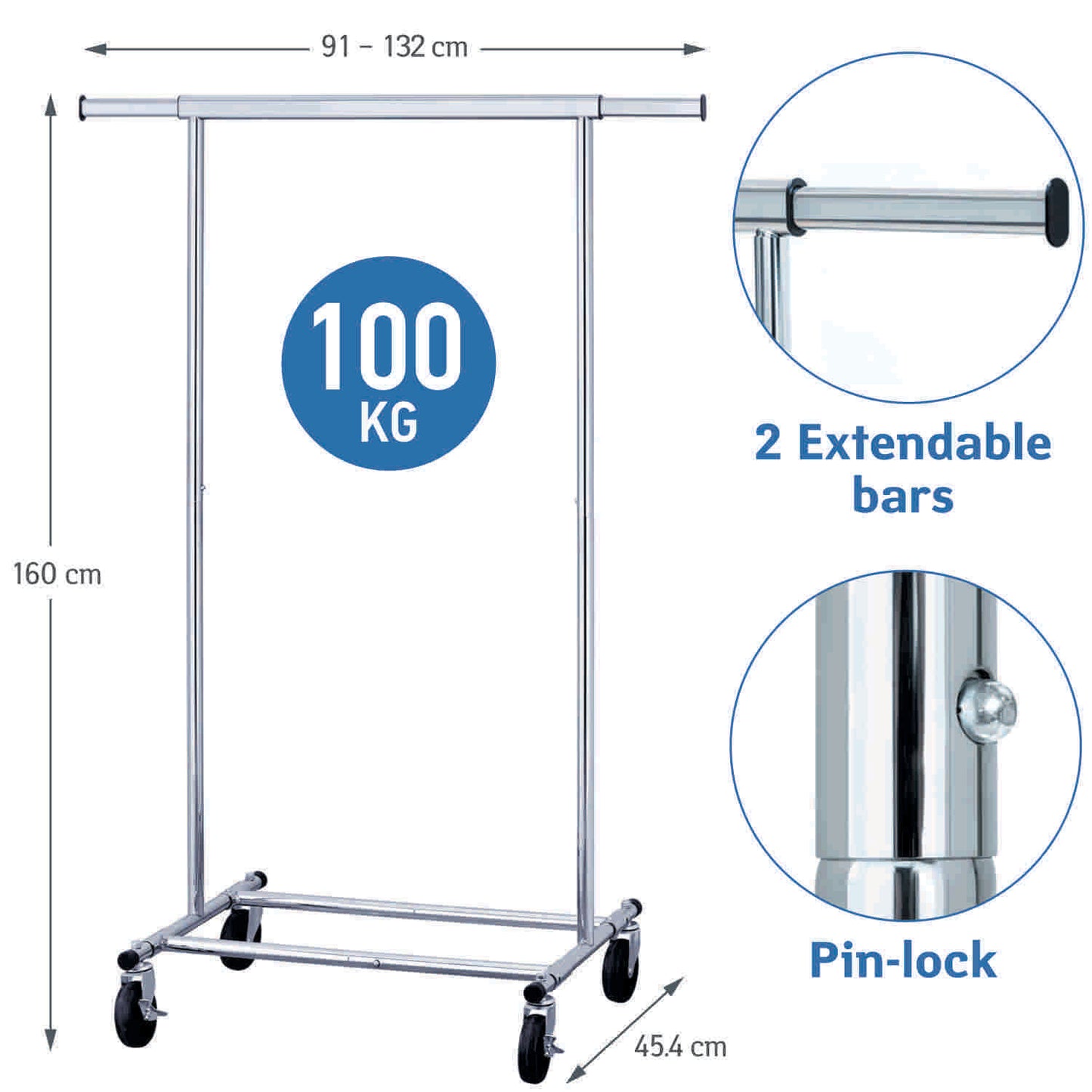 Stand Appendiabiti, Portata fino a 100 kg, Pieghevole, Appendiabiti con Ruote, Asta allungabile, Tatkraft Darren, s