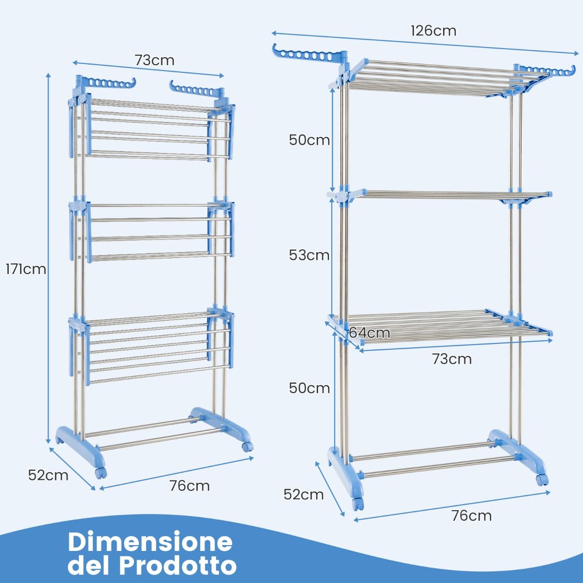 Stendino Verticale, Stendibiancheria Verticale, Stendino da Balcone, Stendino a Torre con Ruote, Blu, Costway, 6