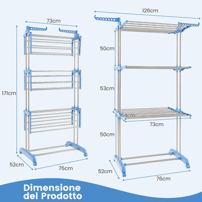 Stendino Verticale, Stendibiancheria Verticale, Stendino da Balcone, Stendino a Torre con Ruote, Blu, Costway, 6