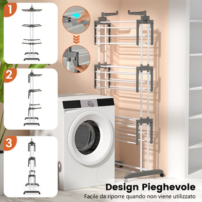 Stendino Verticale, Stendibiancheria Verticale, Stendino da Balcone, Stendino a Torre con Ruote, Grigio, Costway, 11