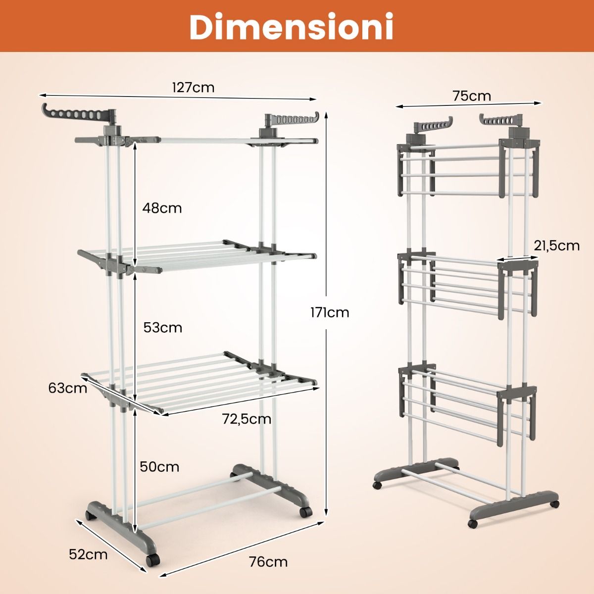 Stendino Verticale, Stendibiancheria Verticale, Stendino da Balcone, Stendino a Torre con Ruote, Grigio, Costway, 6