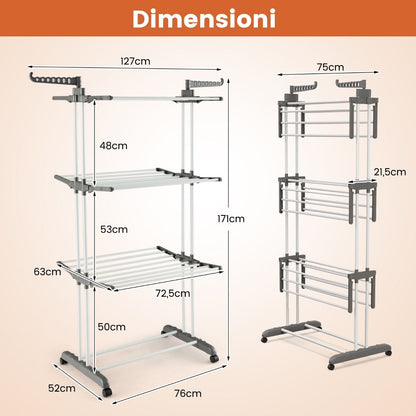 Stendino Verticale, Stendibiancheria Verticale, Stendino da Balcone, Stendino a Torre con Ruote, Grigio, Costway, 6