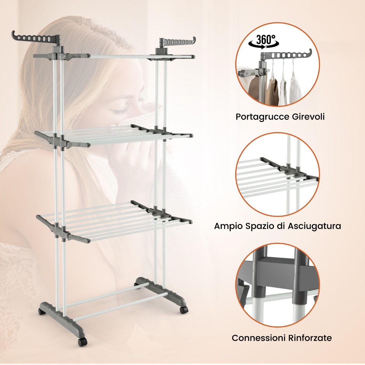 Stendino Verticale, Stendibiancheria Verticale, Stendino da Balcone, Stendino a Torre con Ruote, Grigio, Costway, 7