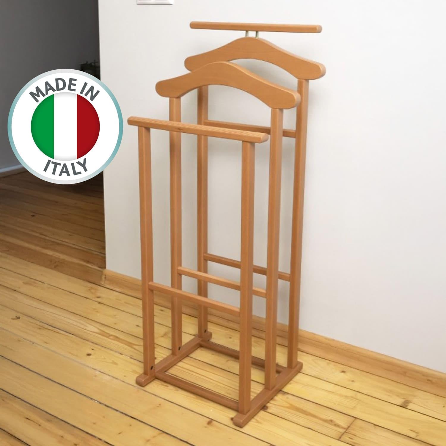 Servomuto, Made in Italy, Indossatore da Camera, 2 gruccie e 2 portapantaloni, Faggio massiccio, Ciliegio, Tatkraft Duke, 2