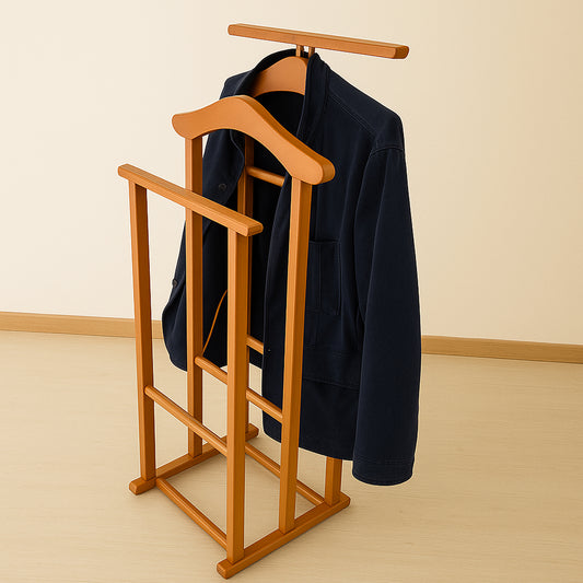 Servomuto, Made in Italy, Indossatore da Camera, 2 gruccie e 2 portapantaloni, Faggio massiccio, Ciliegio, Tatkraft Duke, 1