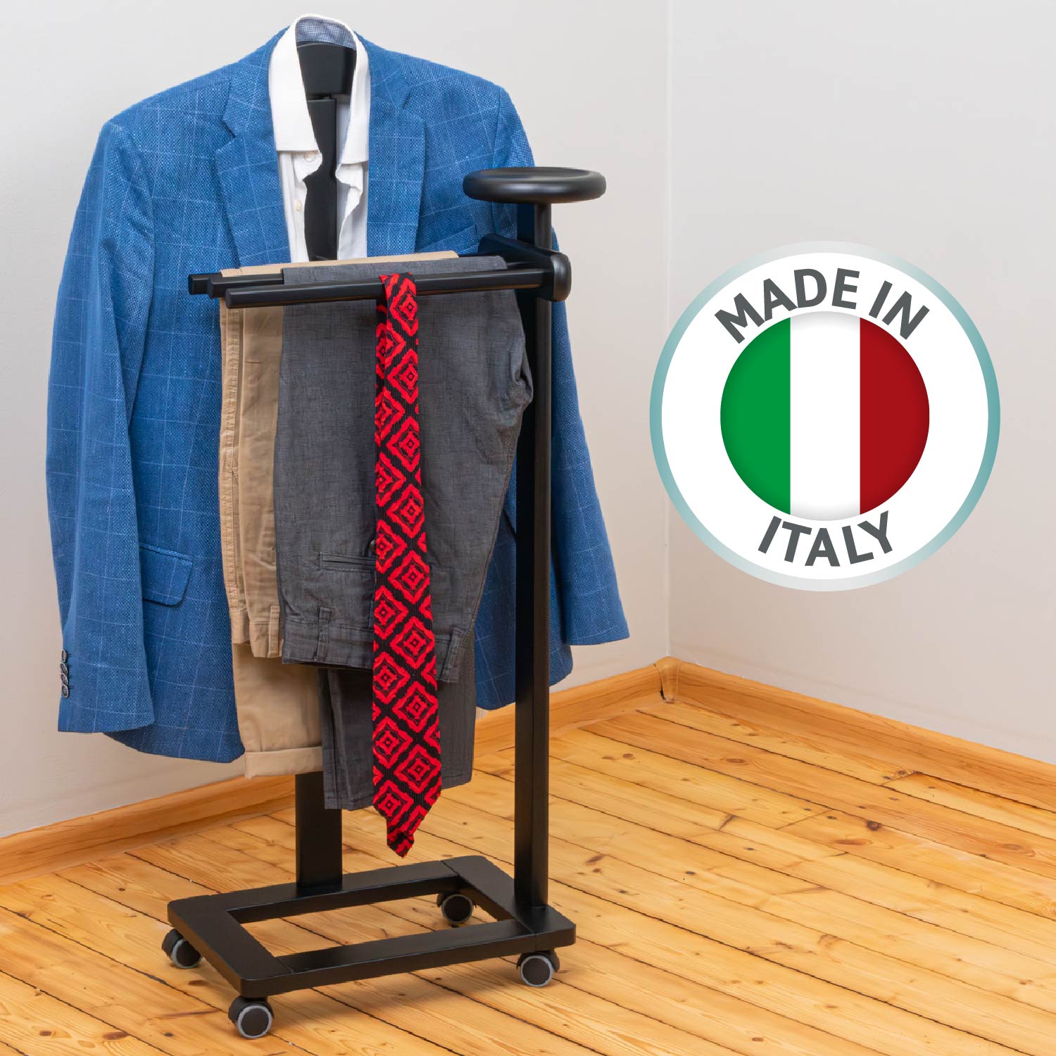 Servomuto, Indossatore, Composto da 1 gruccia, 3 portapantaloni e ripiano portaoggetti - Colore nero, Tatkraft Baron, 21