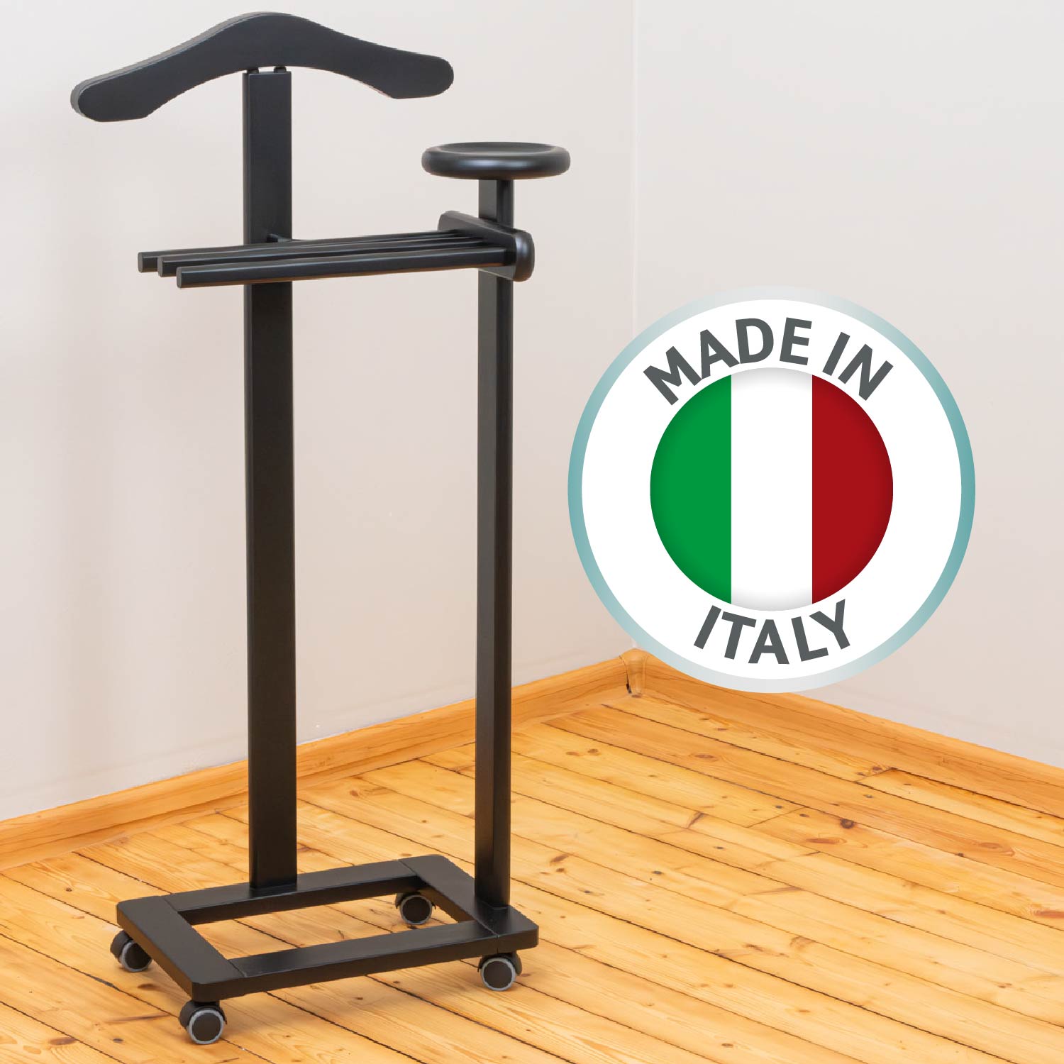 Servomuto, Indossatore, Composto da 1 gruccia, 3 portapantaloni e ripiano portaoggetti - Colore nero, Tatkraft Baron, 3