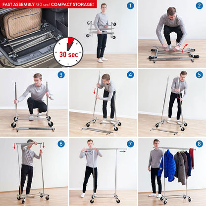 Tatkraft Danko & Anwalt - Appendiabiti con ruote + Сopri stand appendiabiti, Portata Fino 100kg, Stender Appendiabiti, 91-130x45x160cm Acciaio Cromato