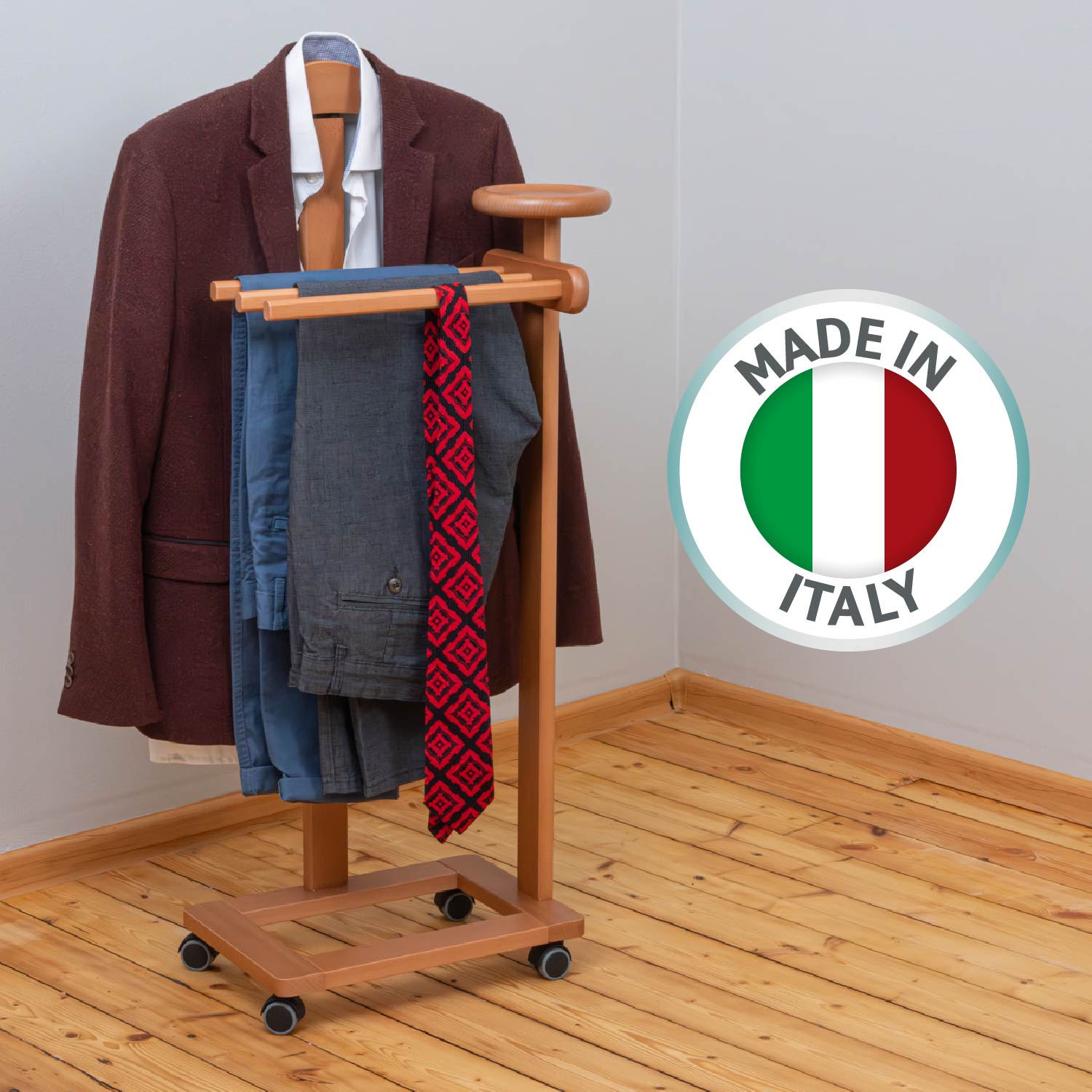 Servomuto, Indossatore, Composto da 1 gruccia, 3 portapantaloni e ripiano portaoggetti, Colore ciliegio, Tatkraft Lord, 6