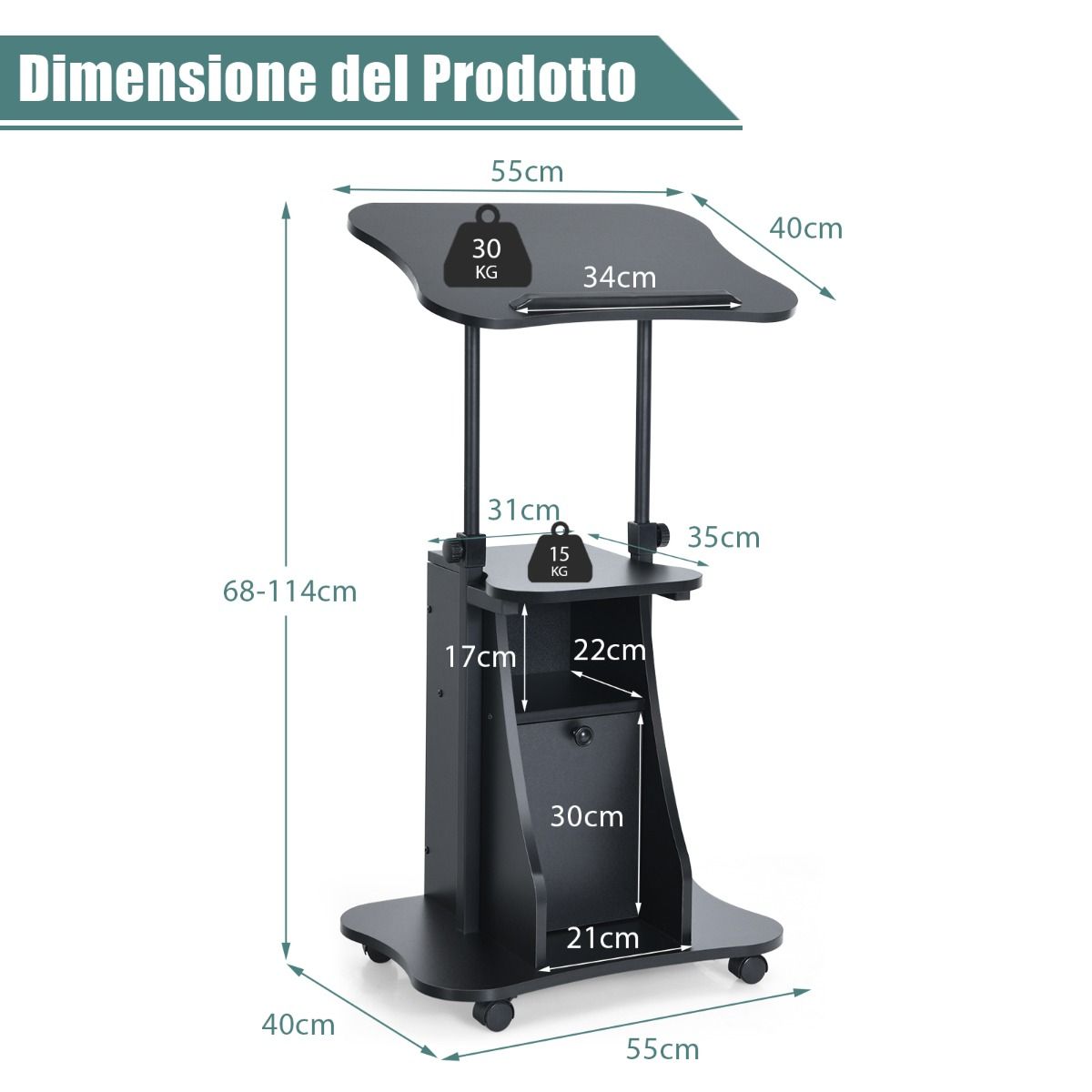 Tavolo porta PC, Scrivania per PC Regolabile in Altezza, Tavolo del Computer Spostabile, Nera, Costway, 5