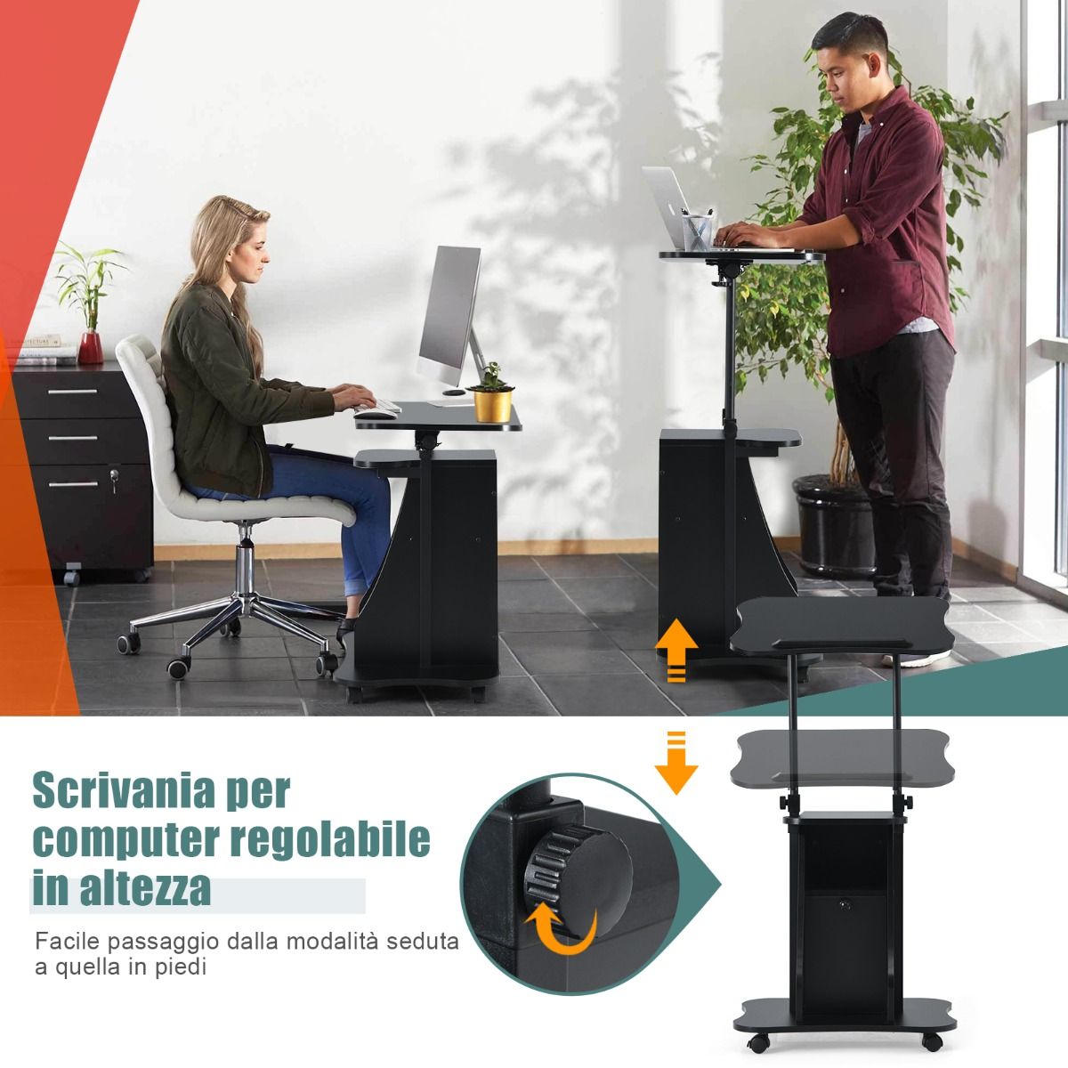 Tavolo porta PC, Scrivania per PC Regolabile in Altezza, Tavolo del Computer Spostabile, Nera, Costway, 7