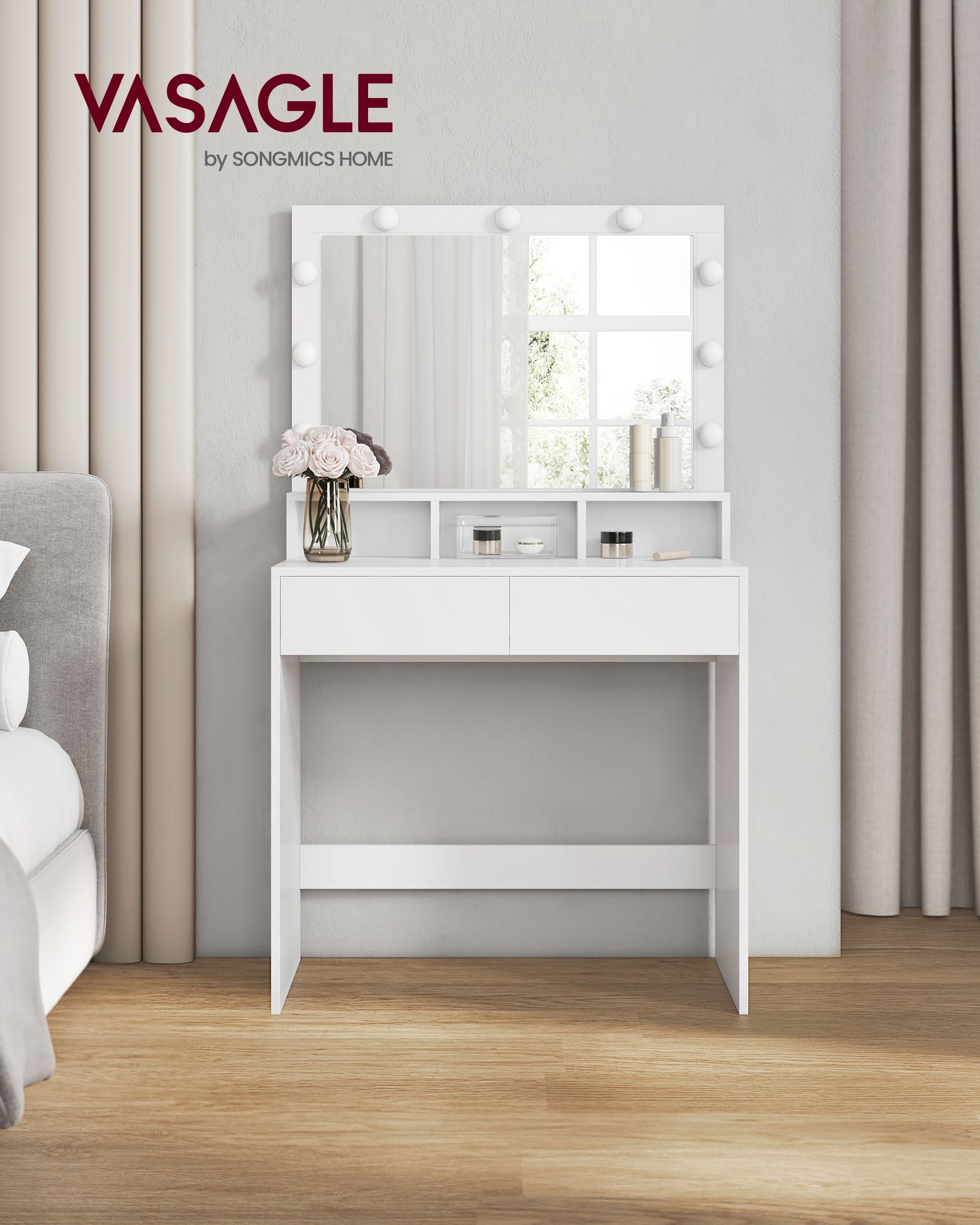 Toeletta trucco, Toeletta, Tavolo da trucco, Grande specchio, Luce LED, 2 Cassetti, 3 Scomparti, Vasagle, 5