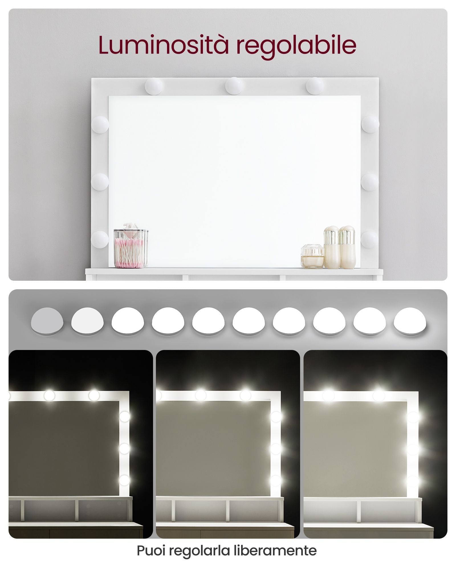 Toeletta trucco, Toeletta, Tavolo da trucco, Grande specchio, Luce LED, 2 Cassetti, 3 Scomparti, Vasagle, 1