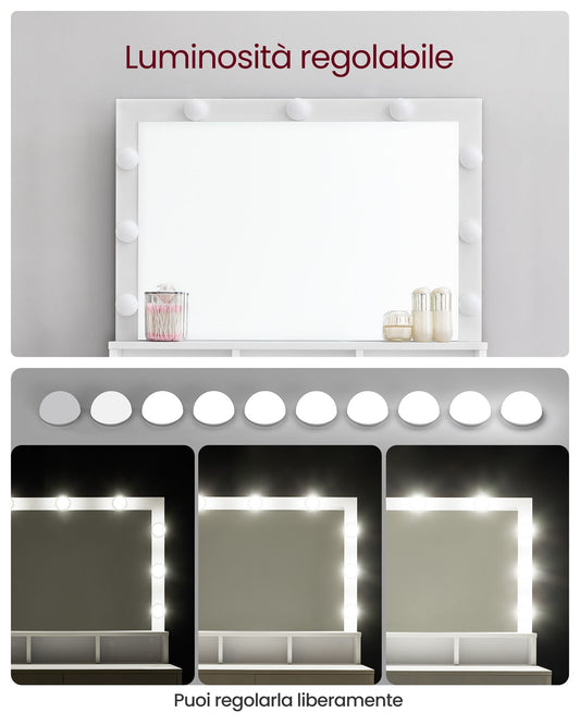 Toeletta trucco, Toeletta, Tavolo da trucco, Grande specchio, Luce LED, 2 Cassetti, 3 Scomparti, Vasagle, 1