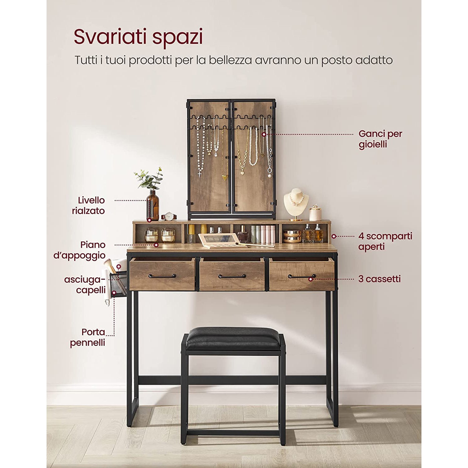 Toeletta Con Specchio LED E Sgabello | 4 Cassetti | Comodino Mobile | YU YUSING - Foto 7