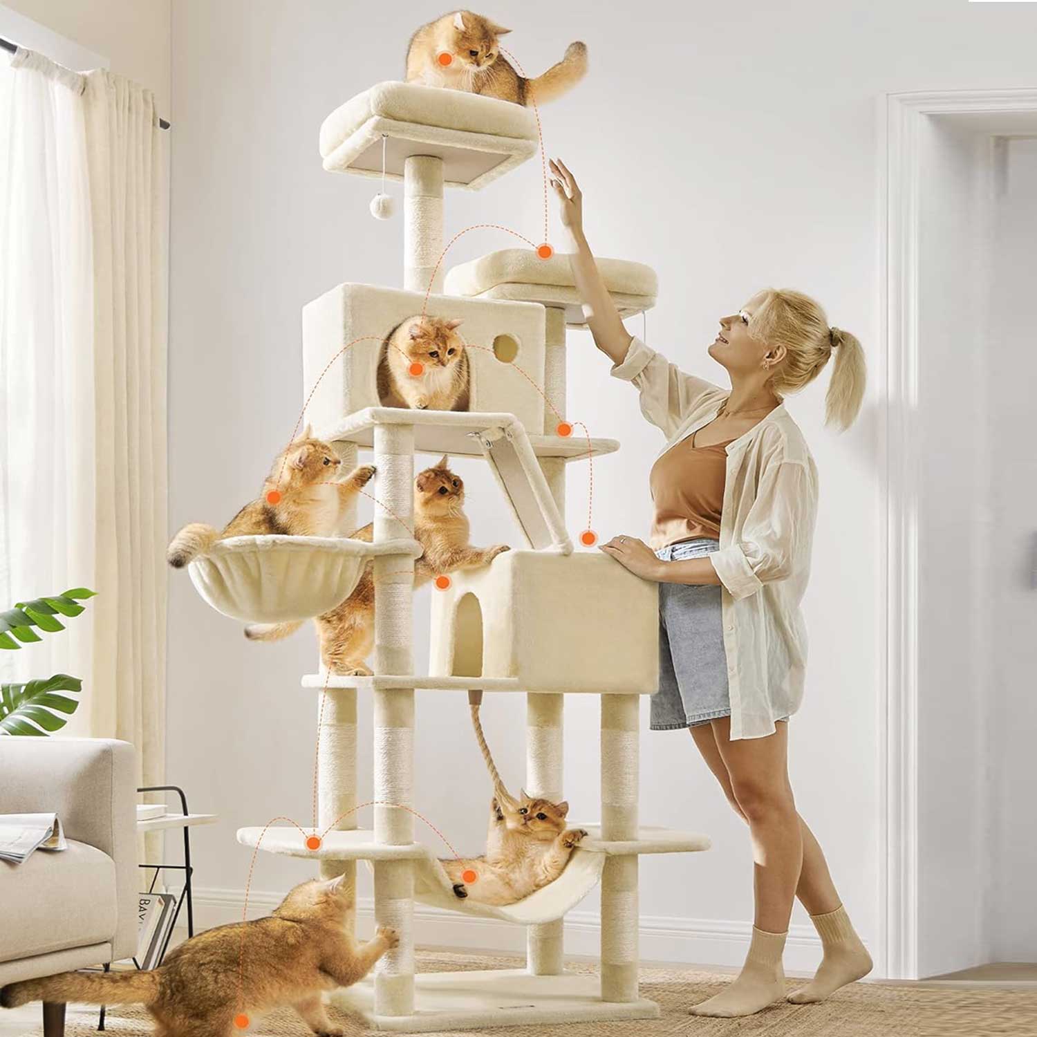 Tiragraffi, Albero per gatti, Alto 206 cm, 13 graffiatoi, 2 posatoi, 2 grotte, Cesto, Pompon, in Peluche, Beige, Feandrea