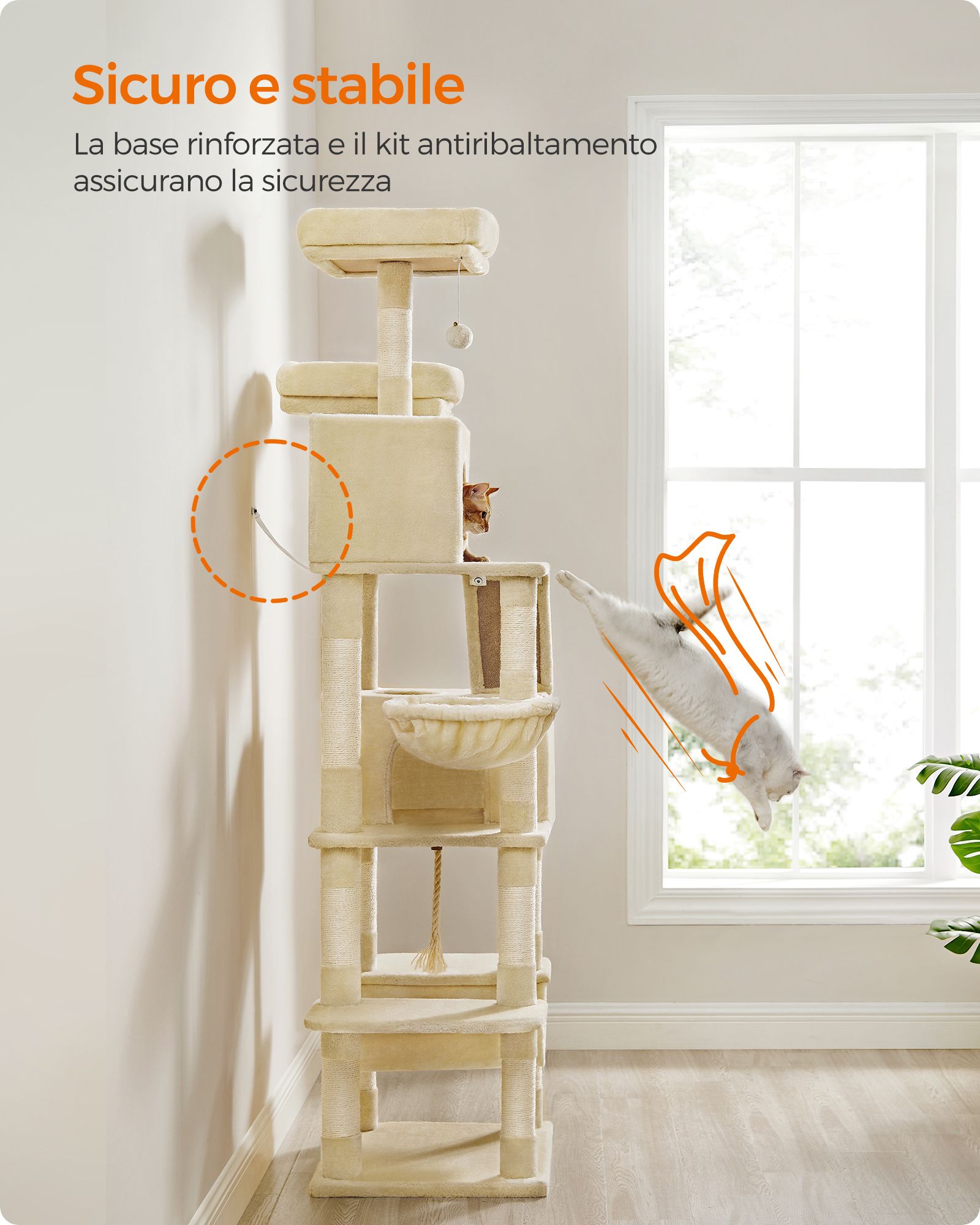 Tiragraffi, Albero per gatti, Alto 206 cm, 13 graffiatoi, 2 posatoi, 2 grotte, Cesto, Pompon, in Peluche, Beige, Feandrea, 5
