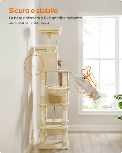 Tiragraffi, Albero per gatti, Alto 206 cm, 13 graffiatoi, 2 posatoi, 2 grotte, Cesto, Pompon, in Peluche, Beige, Feandrea, 5