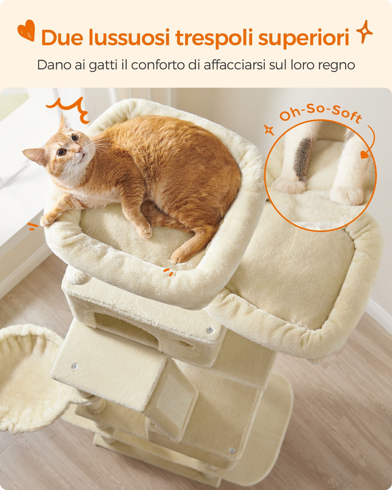 Tiragraffi, Albero per gatti, Alto 206 cm, 13 graffiatoi, 2 posatoi, 2 grotte, Cesto, Pompon, in Peluche, Beige, Feandrea, 3