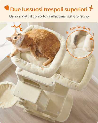 Tiragraffi, Albero per gatti, Alto 206 cm, 13 graffiatoi, 2 posatoi, 2 grotte, Cesto, Pompon, in Peluche, Beige, Feandrea, 3