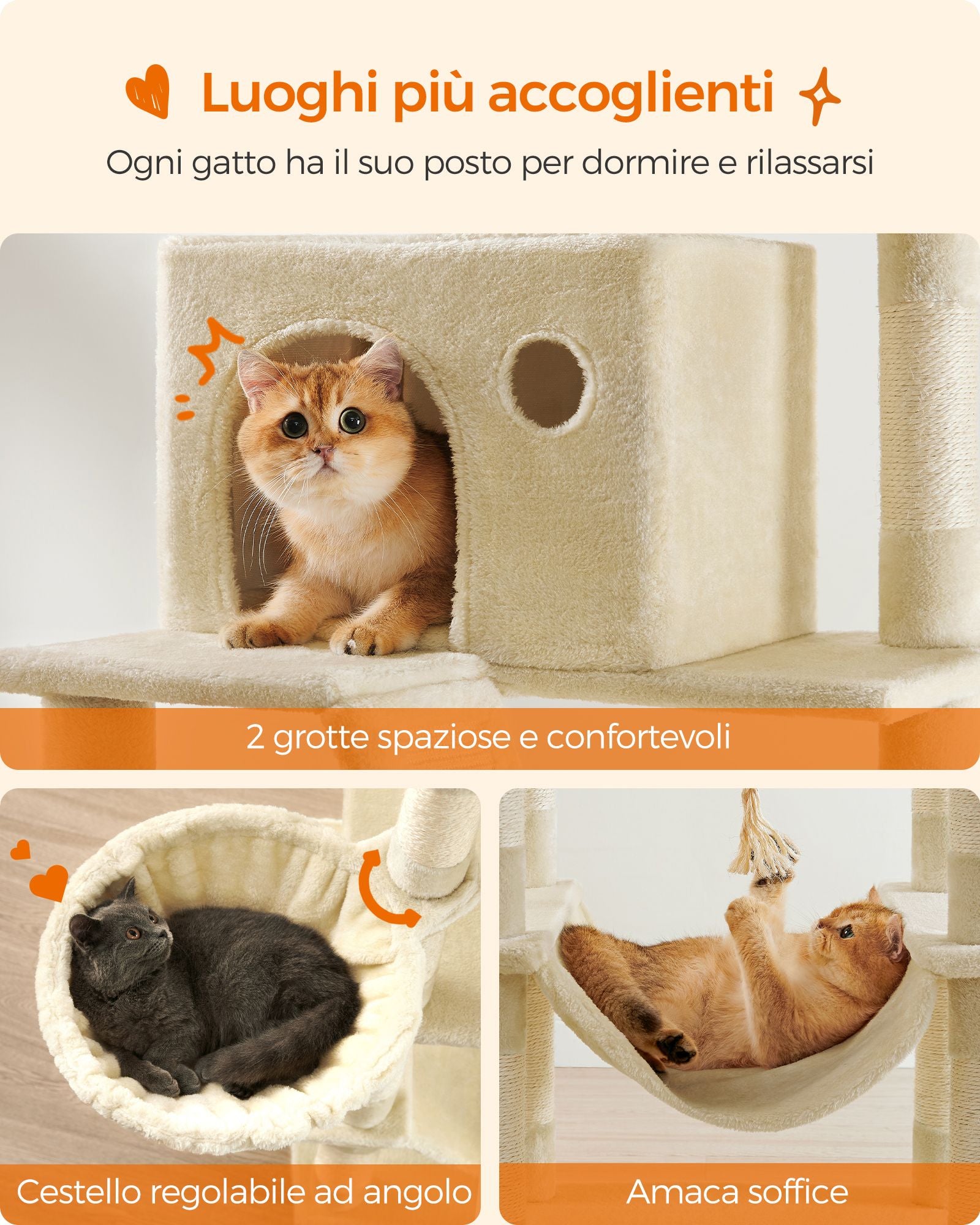 Tiragraffi, Albero per gatti, Alto 206 cm, 13 graffiatoi, 2 posatoi, 2 grotte, Cesto, Pompon, in Peluche, Beige, Feandrea, 2