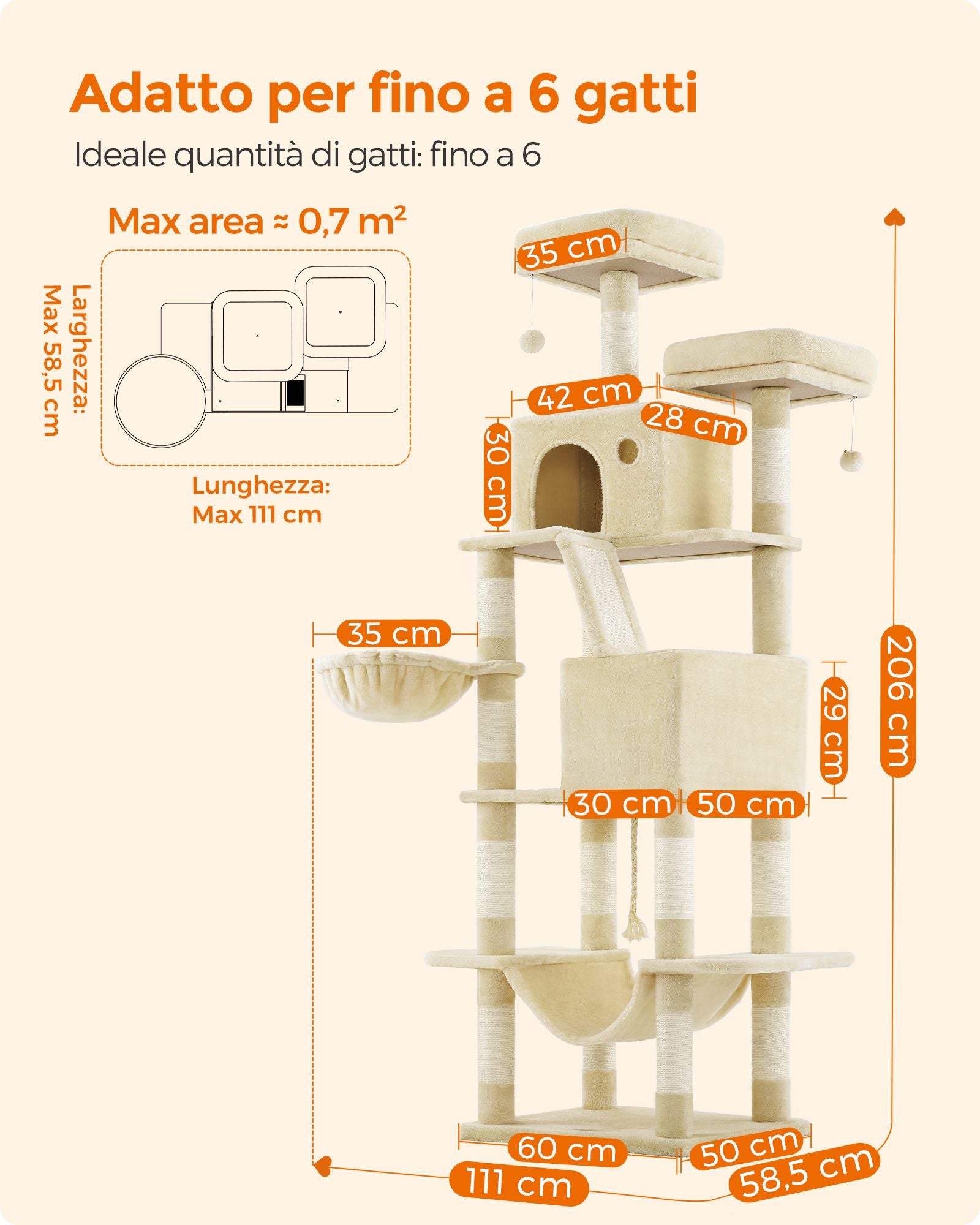 Tiragraffi, Albero per gatti, Alto 206 cm, 13 graffiatoi, 2 posatoi, 2 grotte, Cesto, Pompon, in Peluche, Beige, Feandrea, 4