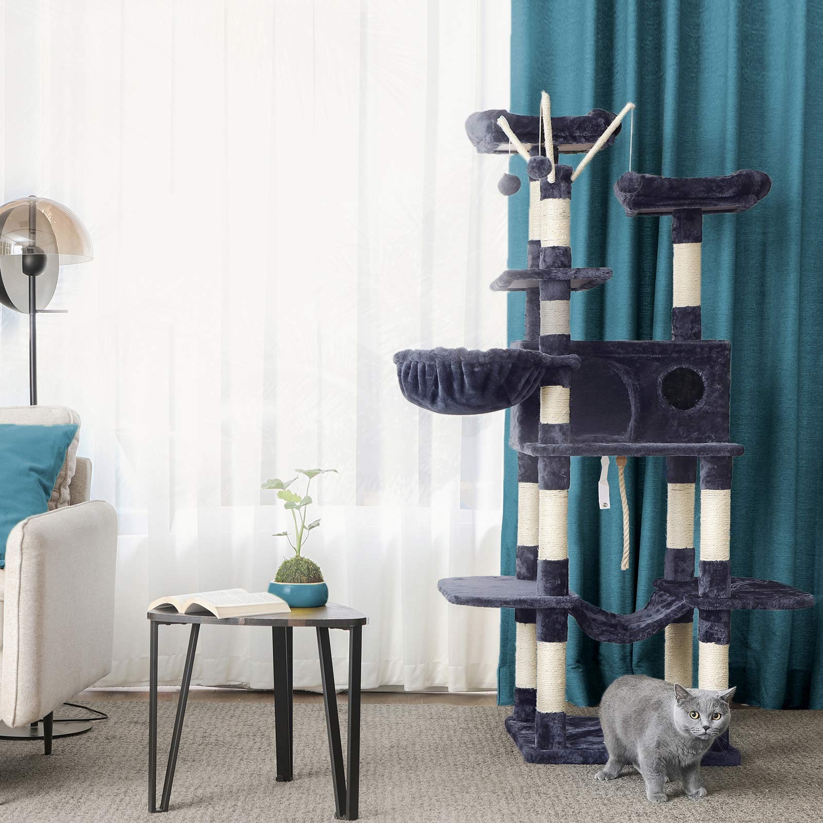 Tiragraffi per gatti,  Tiragraffi gatto, XXL Posatoio, 164 cm, Tiragraffi, grigio fumo, Feandrea, 2