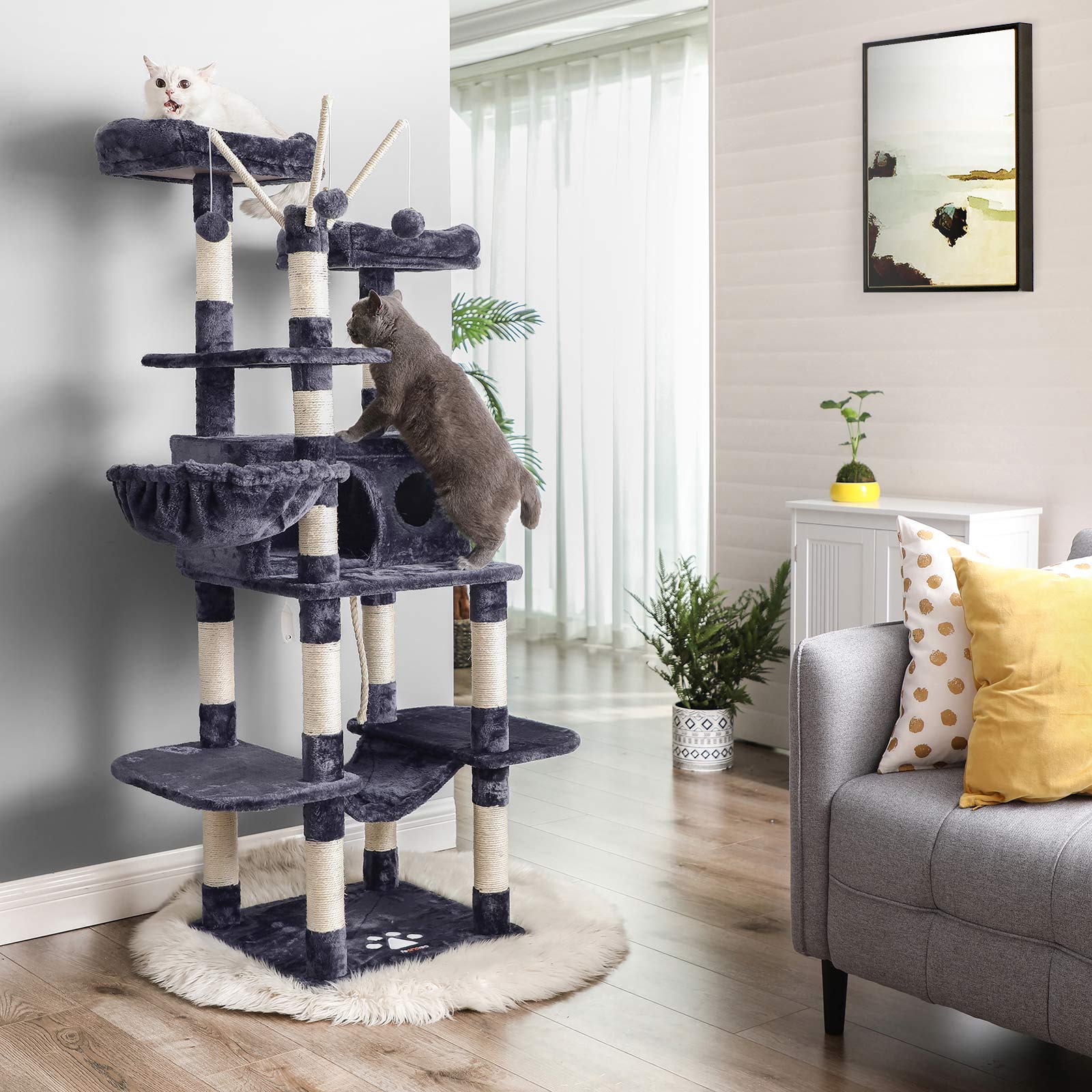 Tiragraffi per gatti,  Tiragraffi gatto, XXL Posatoio, 164 cm, Tiragraffi, grigio fumo, Feandrea