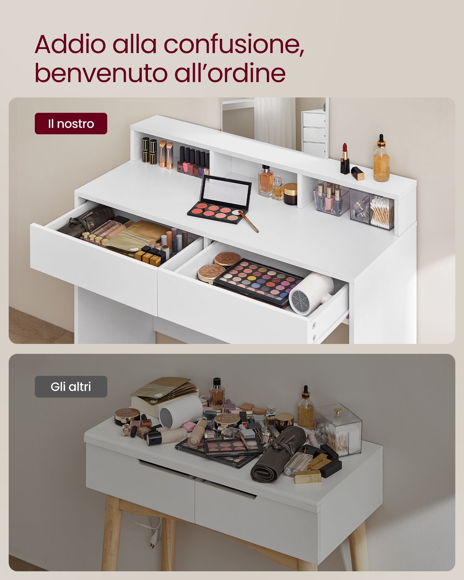 Toeletta trucco, Toeletta con specchio, Toeletta, con 2 сassetti e 3 scomparti, Tavolo da trucco, Vasagle, 3