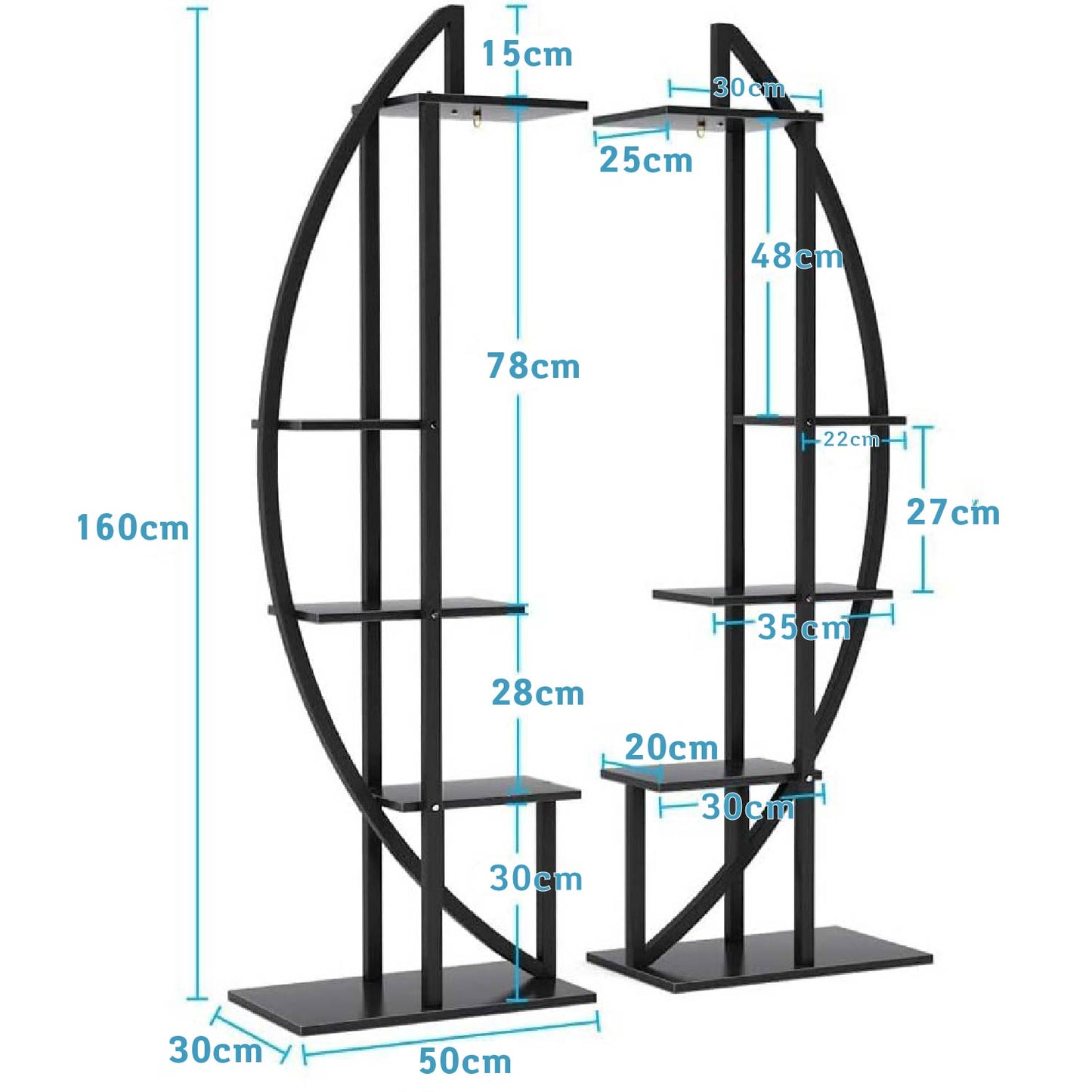 Scaffale per piante, Set da 2 pezzi, Piedistallo per Piante, 5 ripiani e 2 ganci, Metallo, Nero, Tribesigns