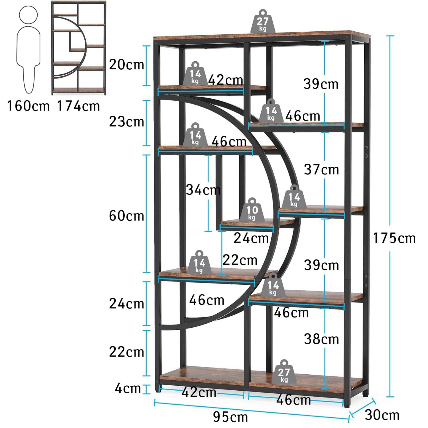 Libreria, Scaffale a Scala, Scaffale Portaoggetti con 9 Ripiani Aperti, Libreria Indipendente, Marrone e Nero, Tribesigns, 8